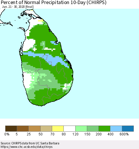 Sri Lanka Percent of Normal Precipitation 10-Day (CHIRPS) Thematic Map For 6/21/2020 - 6/30/2020