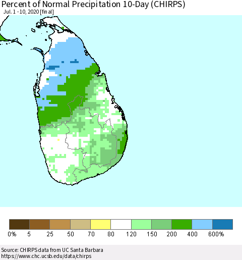 Sri Lanka Percent of Normal Precipitation 10-Day (CHIRPS) Thematic Map For 7/1/2020 - 7/10/2020