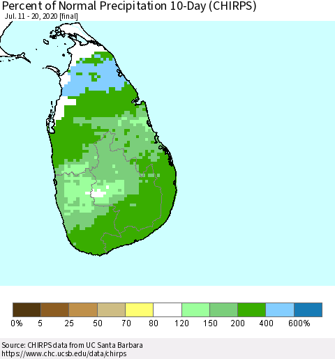Sri Lanka Percent of Normal Precipitation 10-Day (CHIRPS) Thematic Map For 7/11/2020 - 7/20/2020