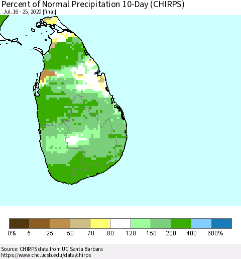 Sri Lanka Percent of Normal Precipitation 10-Day (CHIRPS) Thematic Map For 7/16/2020 - 7/25/2020