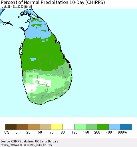 Sri Lanka Percent of Normal Precipitation 10-Day (CHIRPS) Thematic Map For 7/21/2020 - 7/31/2020