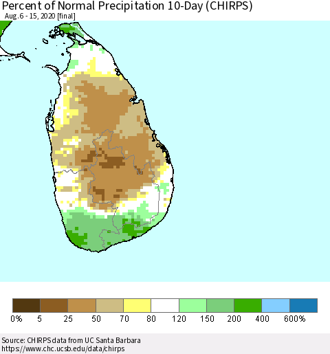 Sri Lanka Percent of Normal Precipitation 10-Day (CHIRPS) Thematic Map For 8/6/2020 - 8/15/2020