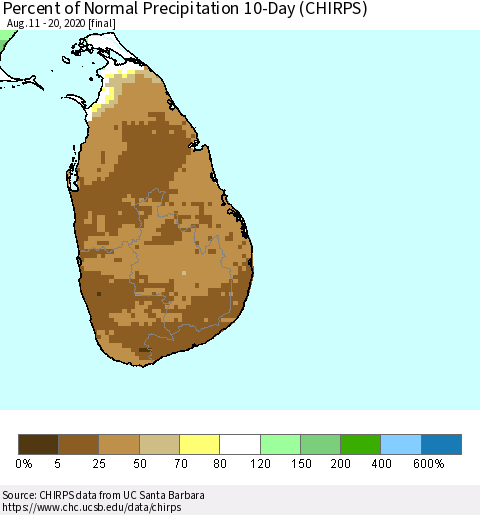 Sri Lanka Percent of Normal Precipitation 10-Day (CHIRPS) Thematic Map For 8/11/2020 - 8/20/2020