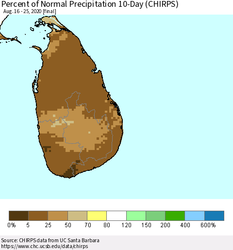 Sri Lanka Percent of Normal Precipitation 10-Day (CHIRPS) Thematic Map For 8/16/2020 - 8/25/2020