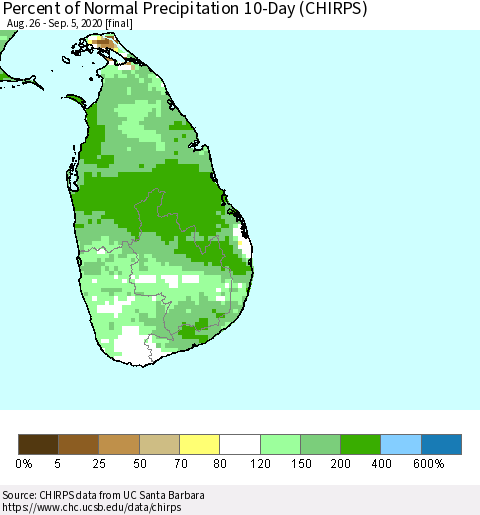 Sri Lanka Percent of Normal Precipitation 10-Day (CHIRPS) Thematic Map For 8/26/2020 - 9/5/2020