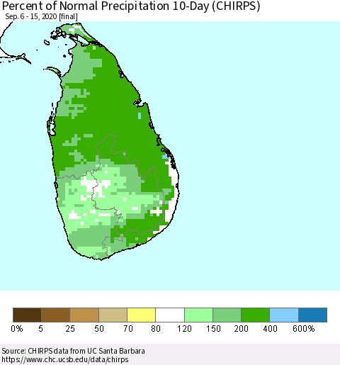 Sri Lanka Percent of Normal Precipitation 10-Day (CHIRPS) Thematic Map For 9/6/2020 - 9/15/2020
