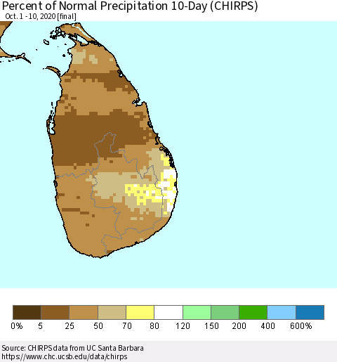 Sri Lanka Percent of Normal Precipitation 10-Day (CHIRPS) Thematic Map For 10/1/2020 - 10/10/2020