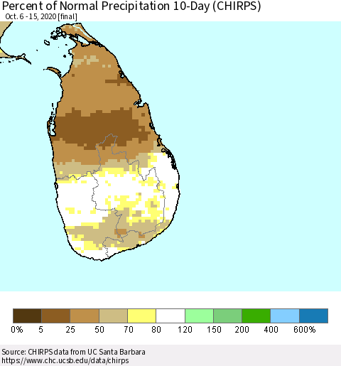 Sri Lanka Percent of Normal Precipitation 10-Day (CHIRPS) Thematic Map For 10/6/2020 - 10/15/2020