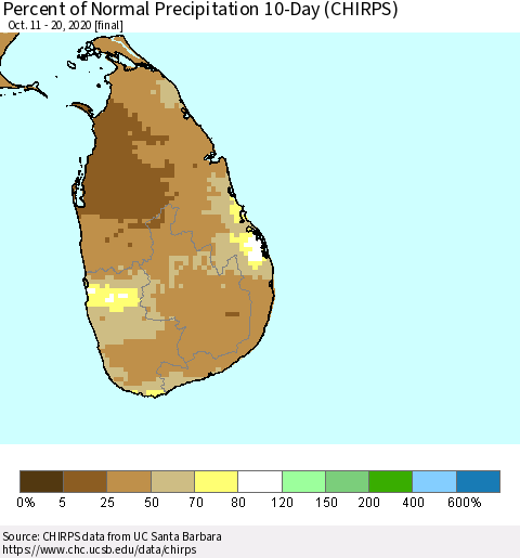 Sri Lanka Percent of Normal Precipitation 10-Day (CHIRPS) Thematic Map For 10/11/2020 - 10/20/2020