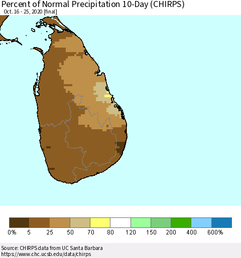 Sri Lanka Percent of Normal Precipitation 10-Day (CHIRPS) Thematic Map For 10/16/2020 - 10/25/2020