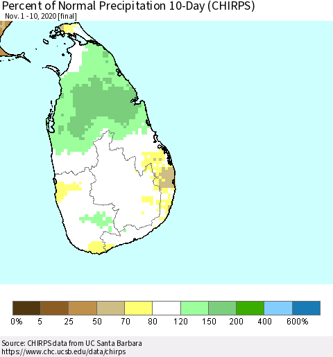 Sri Lanka Percent of Normal Precipitation 10-Day (CHIRPS) Thematic Map For 11/1/2020 - 11/10/2020
