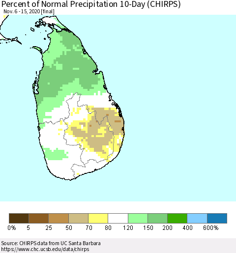 Sri Lanka Percent of Normal Precipitation 10-Day (CHIRPS) Thematic Map For 11/6/2020 - 11/15/2020