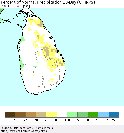 Sri Lanka Percent of Normal Precipitation 10-Day (CHIRPS) Thematic Map For 11/11/2020 - 11/20/2020