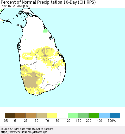Sri Lanka Percent of Normal Precipitation 10-Day (CHIRPS) Thematic Map For 11/16/2020 - 11/25/2020