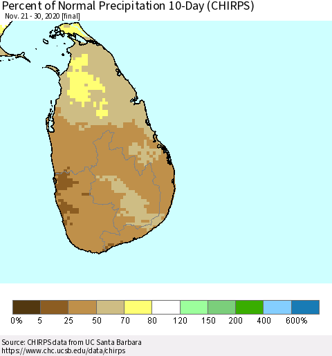 Sri Lanka Percent of Normal Precipitation 10-Day (CHIRPS) Thematic Map For 11/21/2020 - 11/30/2020