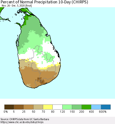 Sri Lanka Percent of Normal Precipitation 10-Day (CHIRPS) Thematic Map For 11/26/2020 - 12/5/2020