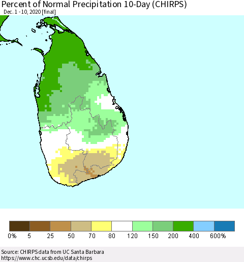 Sri Lanka Percent of Normal Precipitation 10-Day (CHIRPS) Thematic Map For 12/1/2020 - 12/10/2020