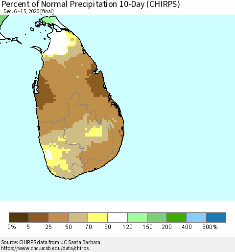 Sri Lanka Percent of Normal Precipitation 10-Day (CHIRPS) Thematic Map For 12/6/2020 - 12/15/2020