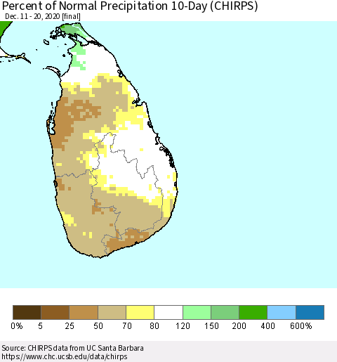 Sri Lanka Percent of Normal Precipitation 10-Day (CHIRPS) Thematic Map For 12/11/2020 - 12/20/2020