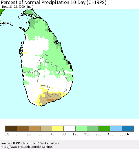 Sri Lanka Percent of Normal Precipitation 10-Day (CHIRPS) Thematic Map For 12/16/2020 - 12/25/2020