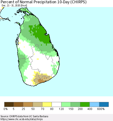 Sri Lanka Percent of Normal Precipitation 10-Day (CHIRPS) Thematic Map For 12/21/2020 - 12/31/2020