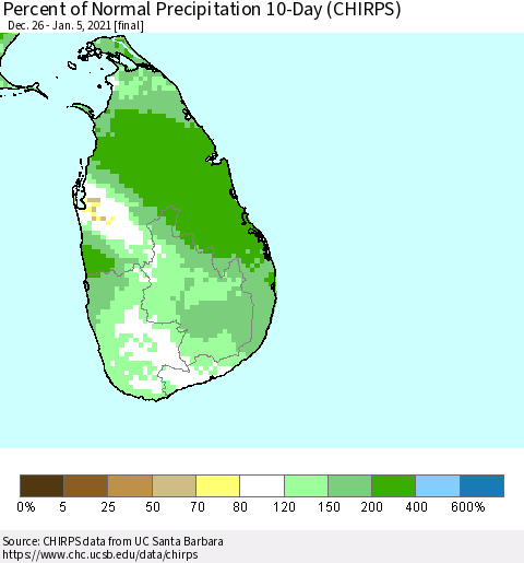 Sri Lanka Percent of Normal Precipitation 10-Day (CHIRPS) Thematic Map For 12/26/2020 - 1/5/2021