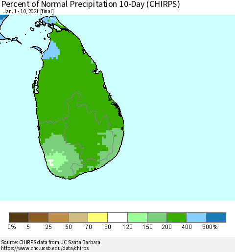 Sri Lanka Percent of Normal Precipitation 10-Day (CHIRPS) Thematic Map For 1/1/2021 - 1/10/2021