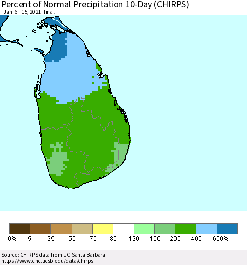 Sri Lanka Percent of Normal Precipitation 10-Day (CHIRPS) Thematic Map For 1/6/2021 - 1/15/2021
