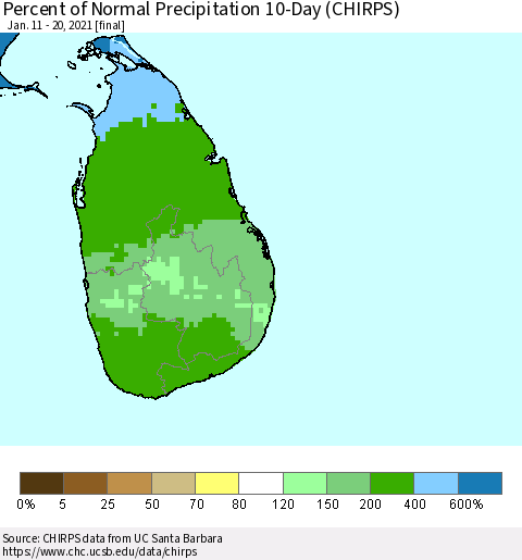 Sri Lanka Percent of Normal Precipitation 10-Day (CHIRPS) Thematic Map For 1/11/2021 - 1/20/2021