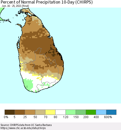 Sri Lanka Percent of Normal Precipitation 10-Day (CHIRPS) Thematic Map For 1/16/2021 - 1/25/2021