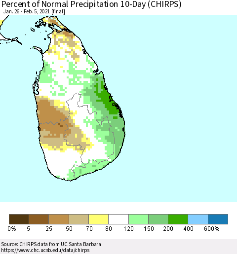 Sri Lanka Percent of Normal Precipitation 10-Day (CHIRPS) Thematic Map For 1/26/2021 - 2/5/2021