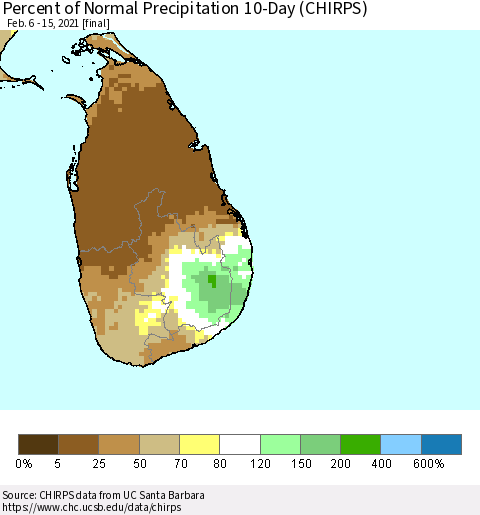 Sri Lanka Percent of Normal Precipitation 10-Day (CHIRPS) Thematic Map For 2/6/2021 - 2/15/2021