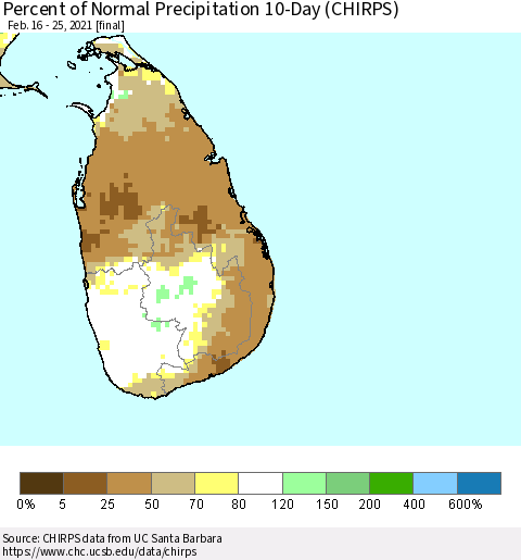Sri Lanka Percent of Normal Precipitation 10-Day (CHIRPS) Thematic Map For 2/16/2021 - 2/25/2021