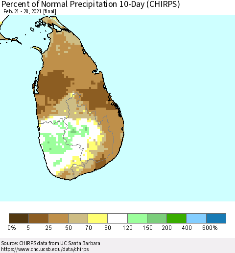 Sri Lanka Percent of Normal Precipitation 10-Day (CHIRPS) Thematic Map For 2/21/2021 - 2/28/2021
