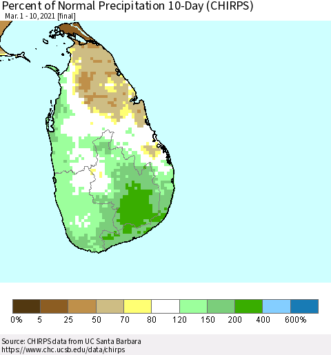 Sri Lanka Percent of Normal Precipitation 10-Day (CHIRPS) Thematic Map For 3/1/2021 - 3/10/2021