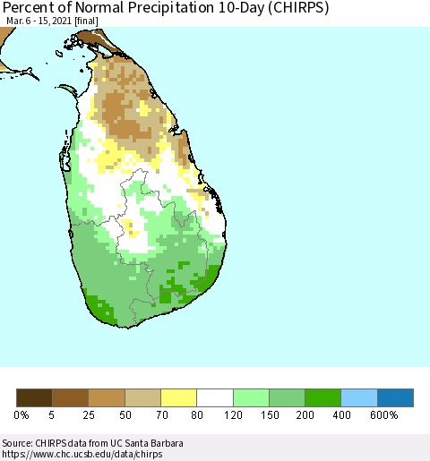 Sri Lanka Percent of Normal Precipitation 10-Day (CHIRPS) Thematic Map For 3/6/2021 - 3/15/2021