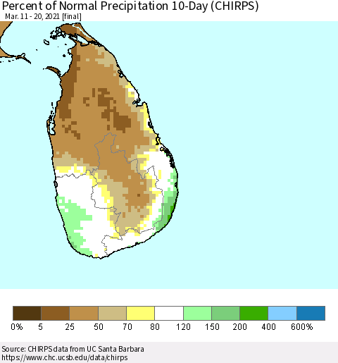 Sri Lanka Percent of Normal Precipitation 10-Day (CHIRPS) Thematic Map For 3/11/2021 - 3/20/2021