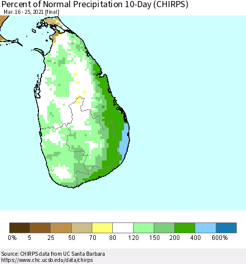 Sri Lanka Percent of Normal Precipitation 10-Day (CHIRPS) Thematic Map For 3/16/2021 - 3/25/2021