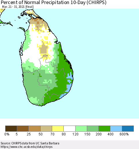 Sri Lanka Percent of Normal Precipitation 10-Day (CHIRPS) Thematic Map For 3/21/2021 - 3/31/2021