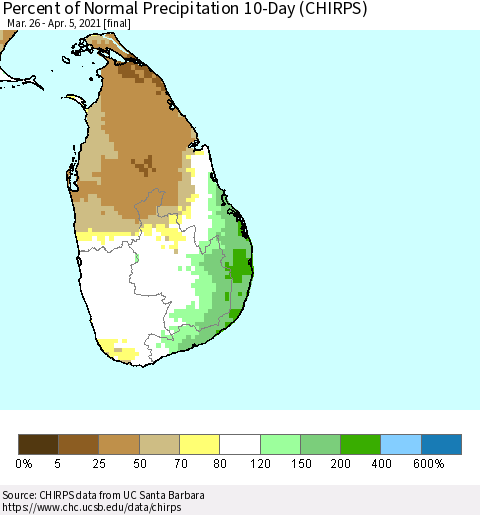 Sri Lanka Percent of Normal Precipitation 10-Day (CHIRPS) Thematic Map For 3/26/2021 - 4/5/2021
