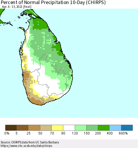 Sri Lanka Percent of Normal Precipitation 10-Day (CHIRPS) Thematic Map For 4/6/2021 - 4/15/2021