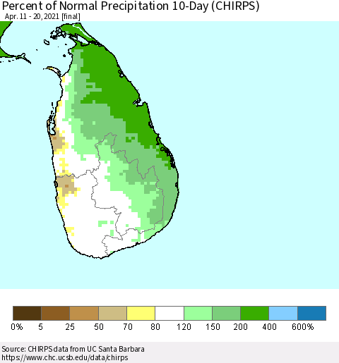Sri Lanka Percent of Normal Precipitation 10-Day (CHIRPS) Thematic Map For 4/11/2021 - 4/20/2021
