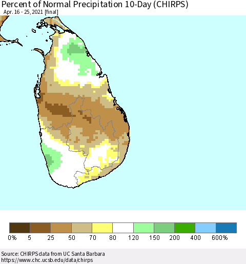 Sri Lanka Percent of Normal Precipitation 10-Day (CHIRPS) Thematic Map For 4/16/2021 - 4/25/2021