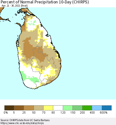 Sri Lanka Percent of Normal Precipitation 10-Day (CHIRPS) Thematic Map For 4/21/2021 - 4/30/2021