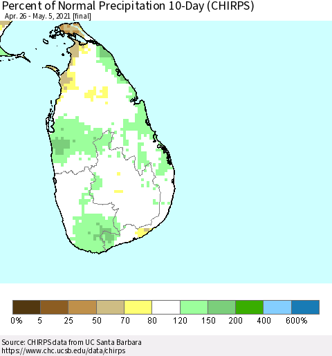 Sri Lanka Percent of Normal Precipitation 10-Day (CHIRPS) Thematic Map For 4/26/2021 - 5/5/2021