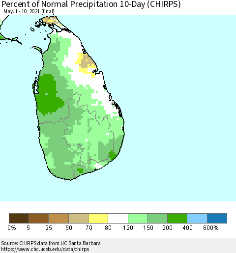 Sri Lanka Percent of Normal Precipitation 10-Day (CHIRPS) Thematic Map For 5/1/2021 - 5/10/2021