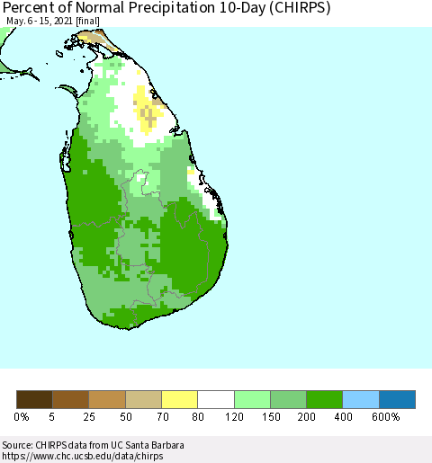Sri Lanka Percent of Normal Precipitation 10-Day (CHIRPS) Thematic Map For 5/6/2021 - 5/15/2021
