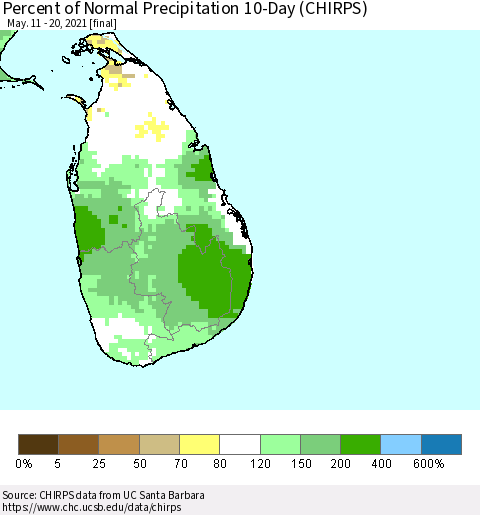 Sri Lanka Percent of Normal Precipitation 10-Day (CHIRPS) Thematic Map For 5/11/2021 - 5/20/2021
