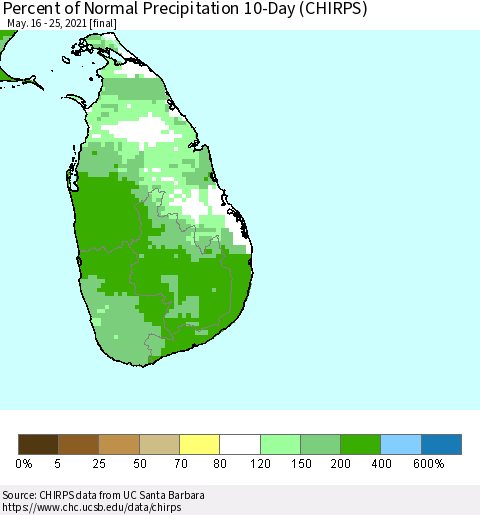 Sri Lanka Percent of Normal Precipitation 10-Day (CHIRPS) Thematic Map For 5/16/2021 - 5/25/2021