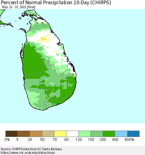 Sri Lanka Percent of Normal Precipitation 10-Day (CHIRPS) Thematic Map For 5/21/2021 - 5/31/2021